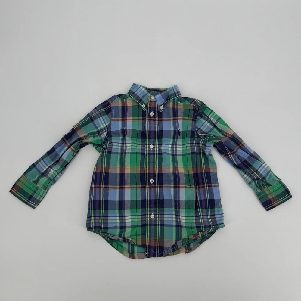 Ralph Lauren Toddler Boys 2T Plaid Button-Down Shirt Green‎ Blue Long Sleeve